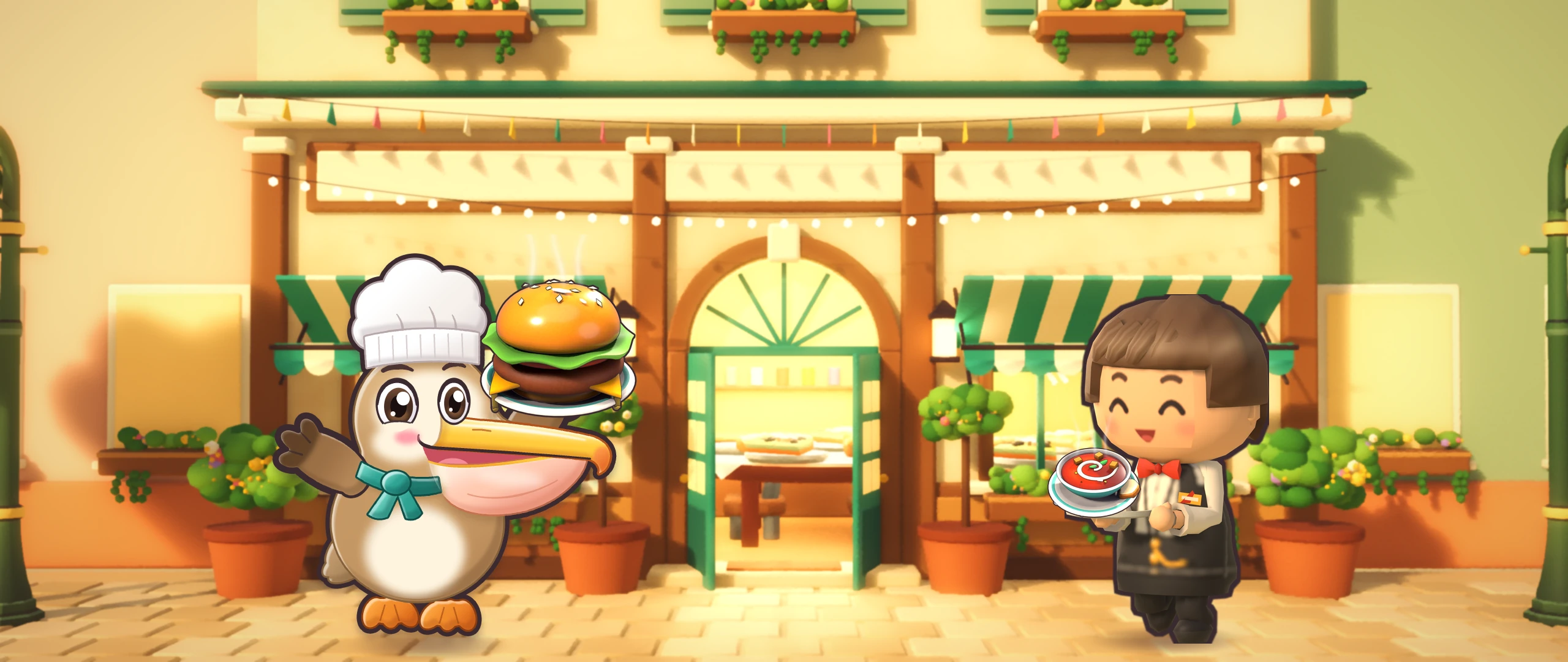 Peli the pelican chef with a burger and a waiter with a bowl of soup, in front of the Pelicook restaurant.