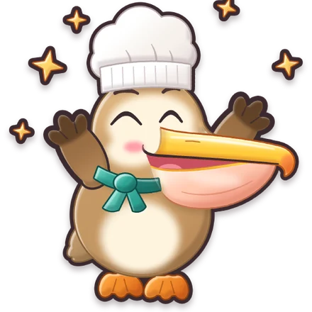 Peli the pelican chef cheering.