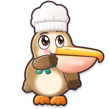 Peli the pelican chef, thinking.